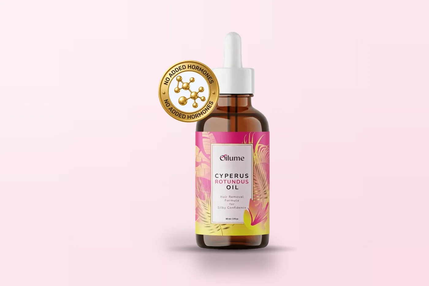 Oilume 2 fl oz amber glass bottle with a pink and gold label and a white dropper, standing on a soft pink background