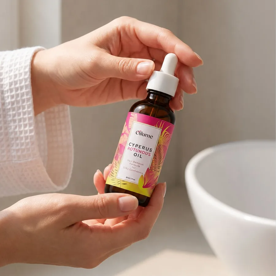 Two hands holding the Oilume bottle in front of a white sink in a bright bathroom